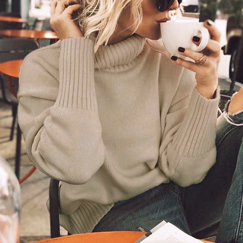 Womens Tops Ladies Sweater Long Sleeve Jumper Fashion Baggy Outwear Solid Turtle Neck Coat | Женская одежда