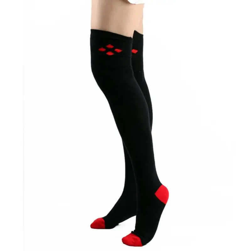 

Women Girl Winter Boots Cuff Sock Black Red Diamond Printed Knee High Stockings Q6PB