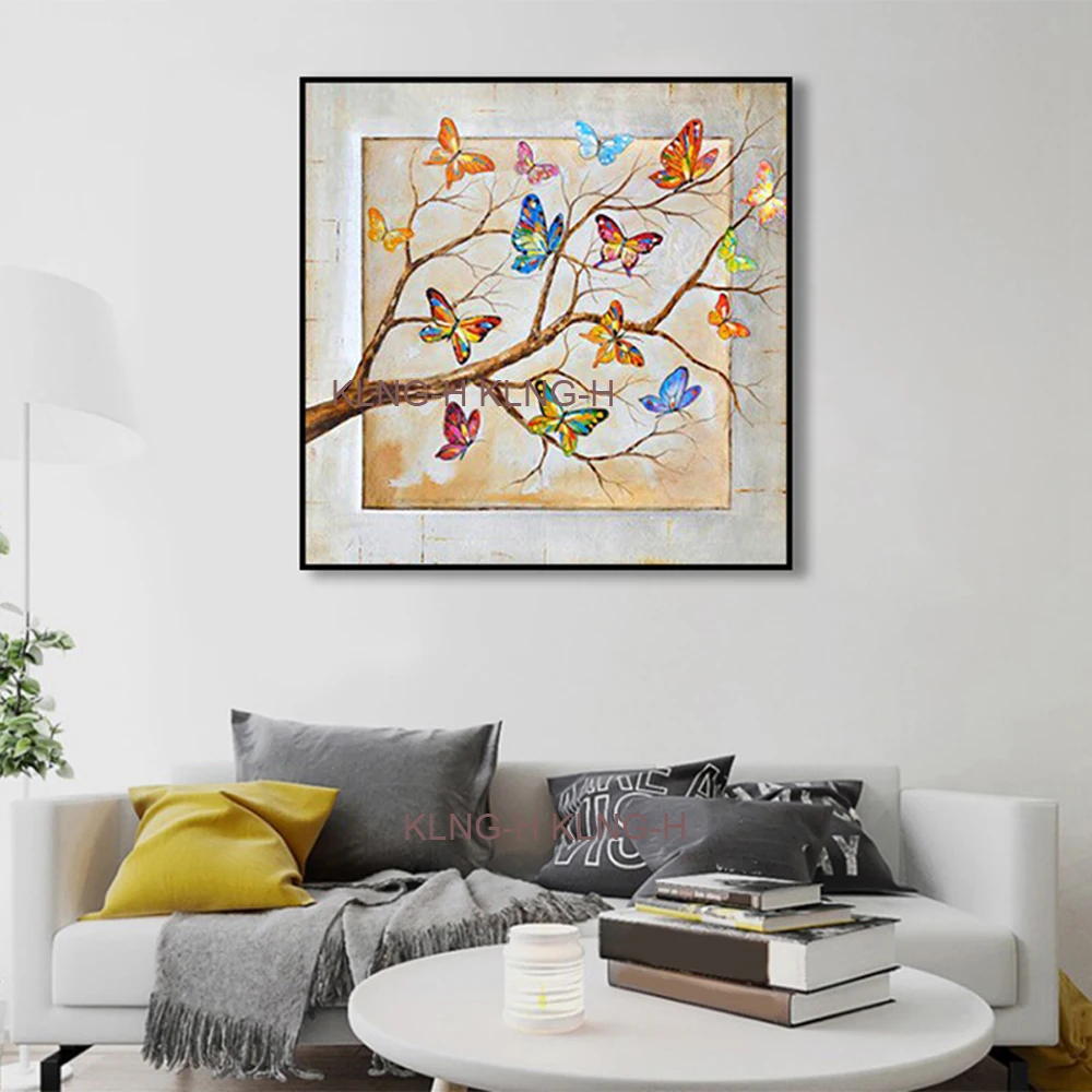 

Hecho a mano moderno abstracto decorativo colorido mariposa animales pintura al leo en lienzo arte de la pared para la sala de