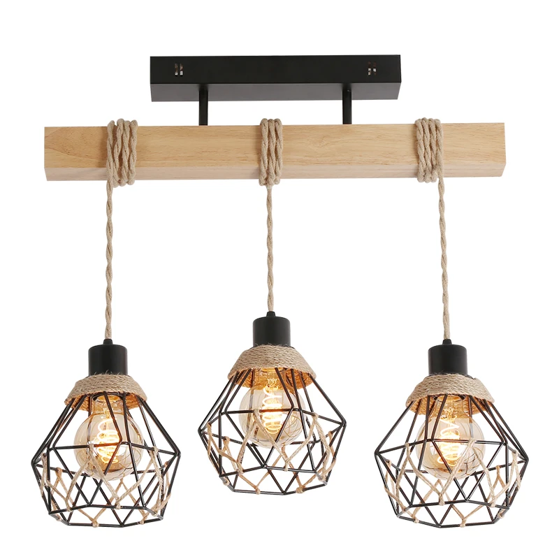 

Farmhouse wooden chandelier, retro industrial wind suction hanging dual-purpose dining room lamp, long 3 E27 bulb plug-in ceilin