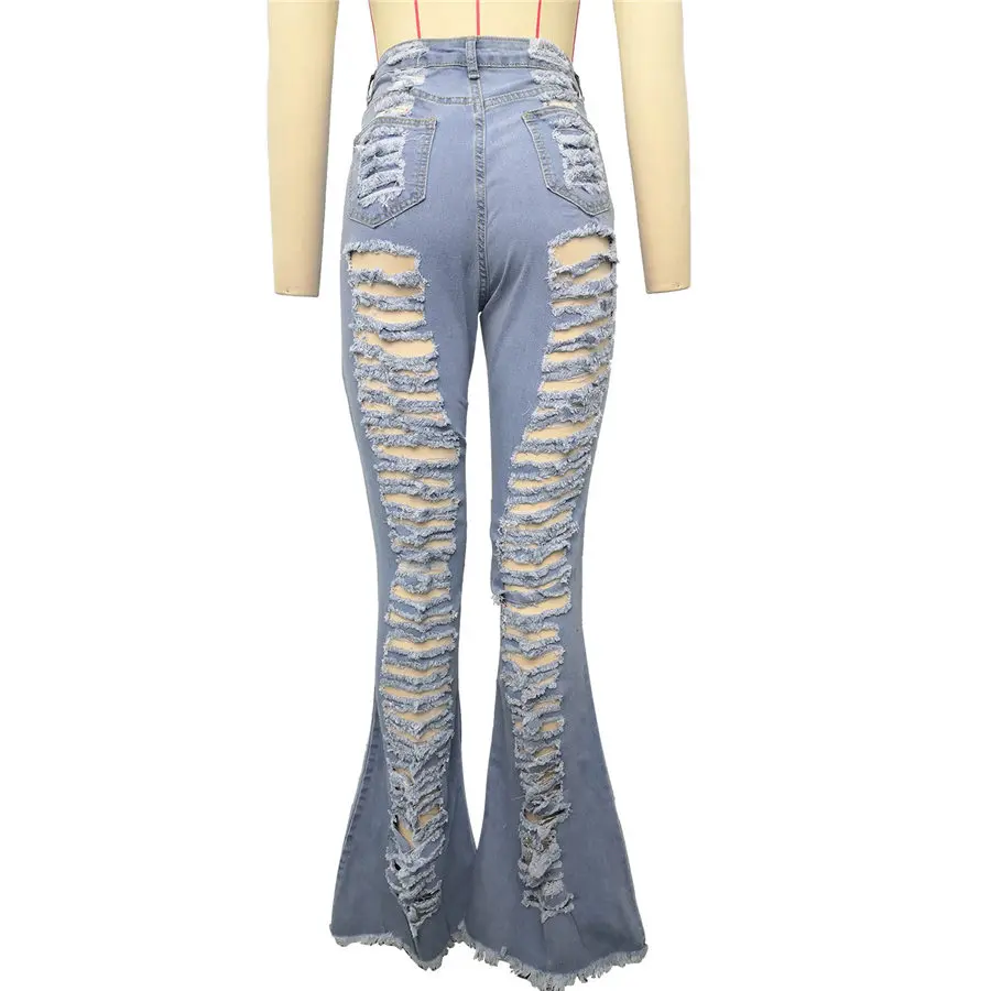 

Women Ripped Flare Denim Pants Elegant Bellbottom Jeans Trousers Street Hollow Out Lady Jean Plus Size XL-5XL