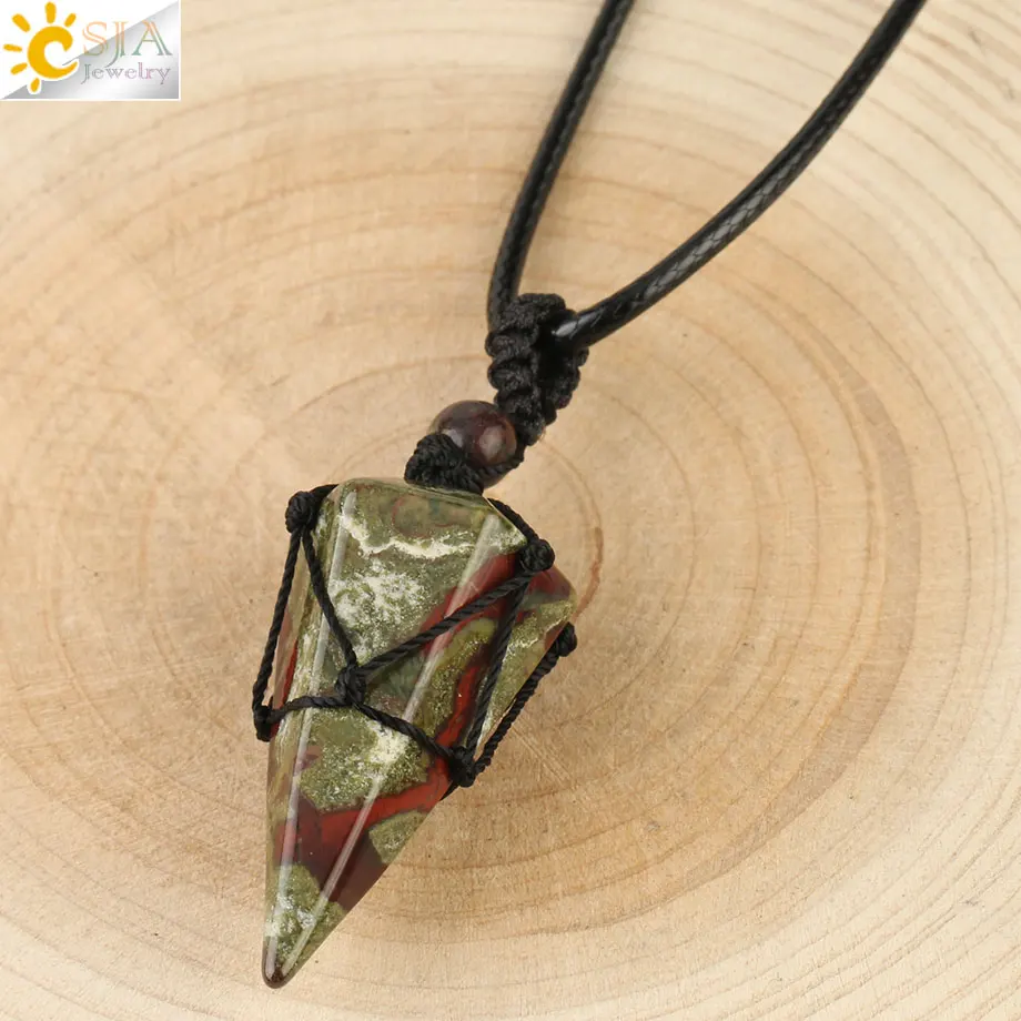 Dragon Bloodstone Csja натуральный каменный конус Подвески Кристалл кварц Черная веревка обернутая лечение мужские т камни ожерелье для мужчин женские модные ювелирные изделия G173 - Окраска металла: Dragon Bloodstone