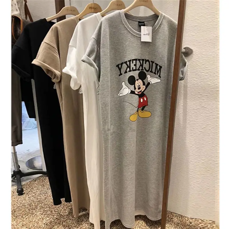 

Cartoon Print T-Shirt Dress Short Sleeve Loose Summer Dresses Ladies Elegant Mickey Mid-Length Dress Casual Vestidos Robe Femme