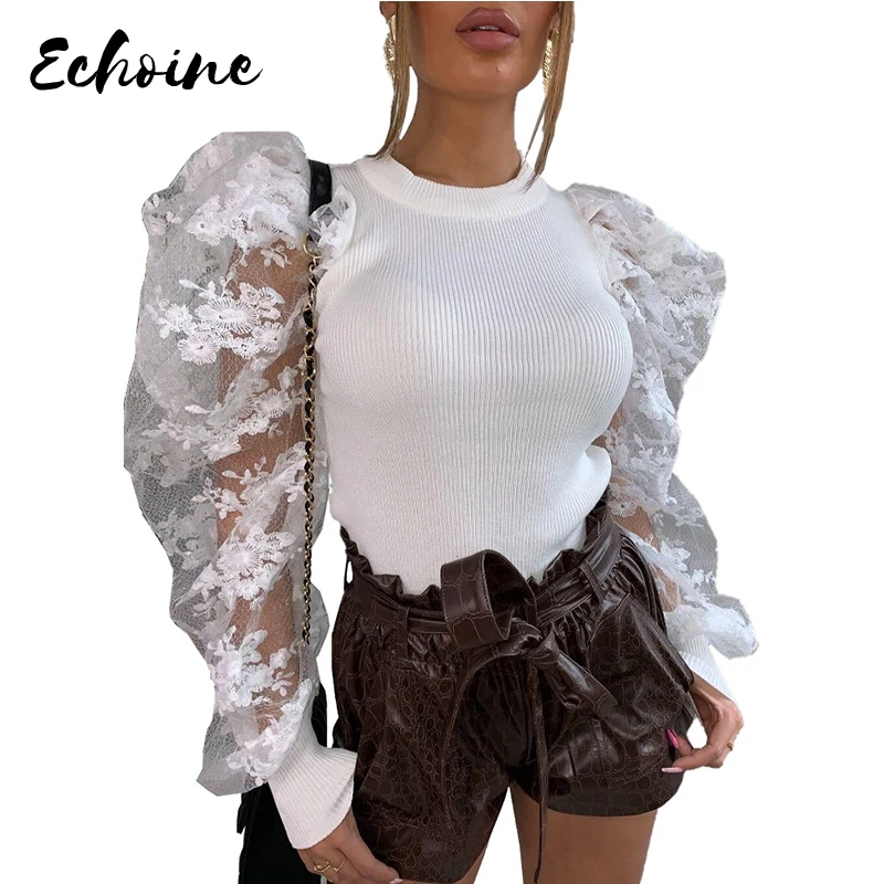 Женская блузка с кружевом однотонная повседневная офисная круглым вырезом