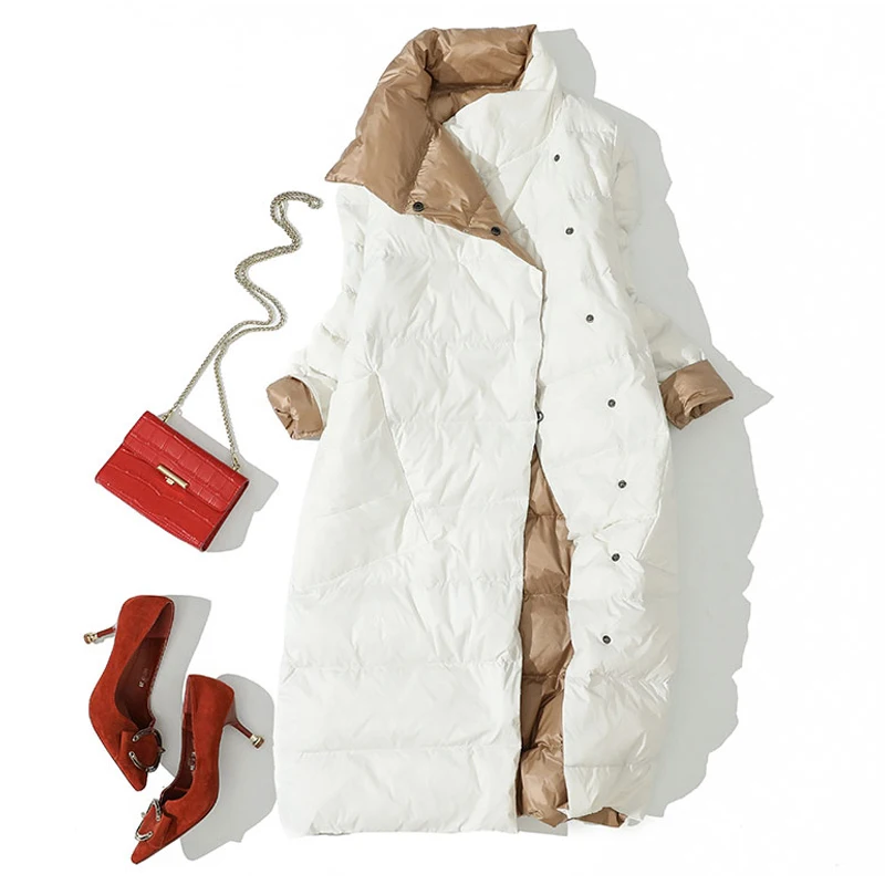 

Women Plus Size Duck Down Jacket Winter Fashion Double Side Meidum Long Down Coats Female Single Breasted Warm Korean Outwear