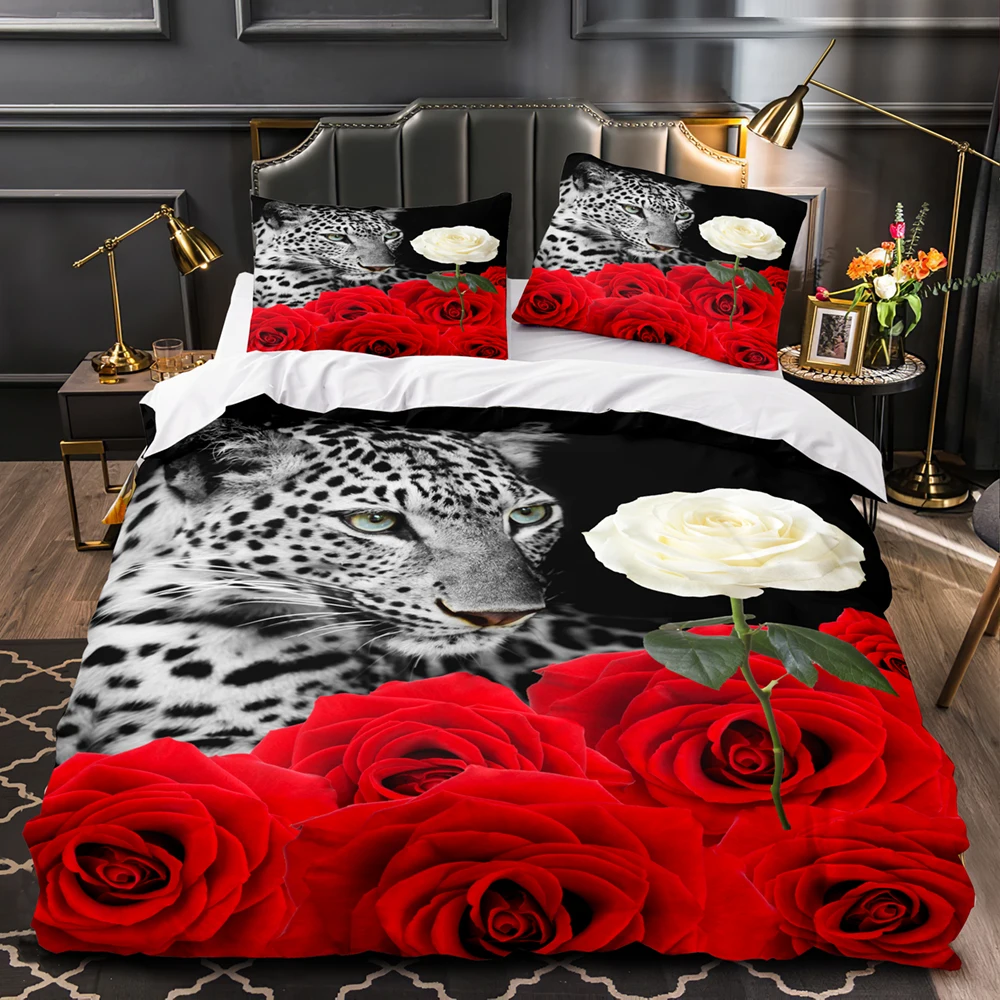 

Leopard Rose Bedding Set Animal Style Soft Bedspreads Comforter Duvet Cover Set Quality Quilt Cover And Pillowcase