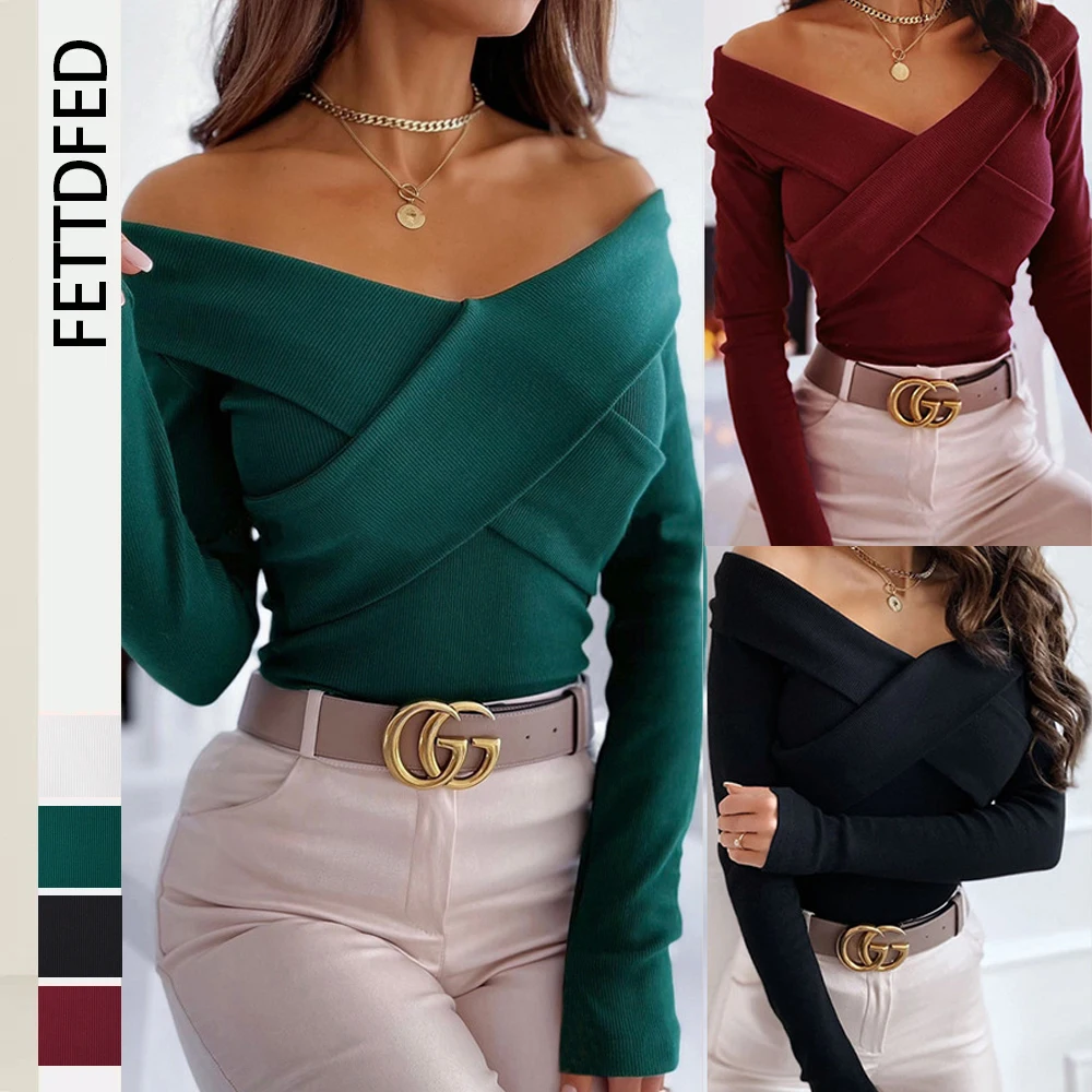 

Autumn Women Sexy Double V-neck Sweater Short Long Sleeve Bottoming Shirt Top Solid Color Sweaters