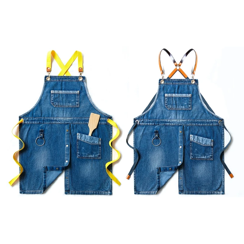 

Denim Jeans Canvas Apron Cross Back Adjustable Chef Apron Multi-pocket Sleeveless Adjustable Strap and Large Pockets