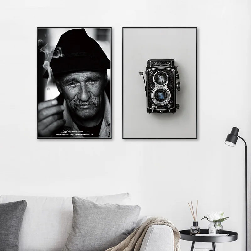 

Wall Art Canvas Painting Nordic Vintage Black And White Poster Old Man Camera Leaf Love Quote Modern Home Decoration Picture