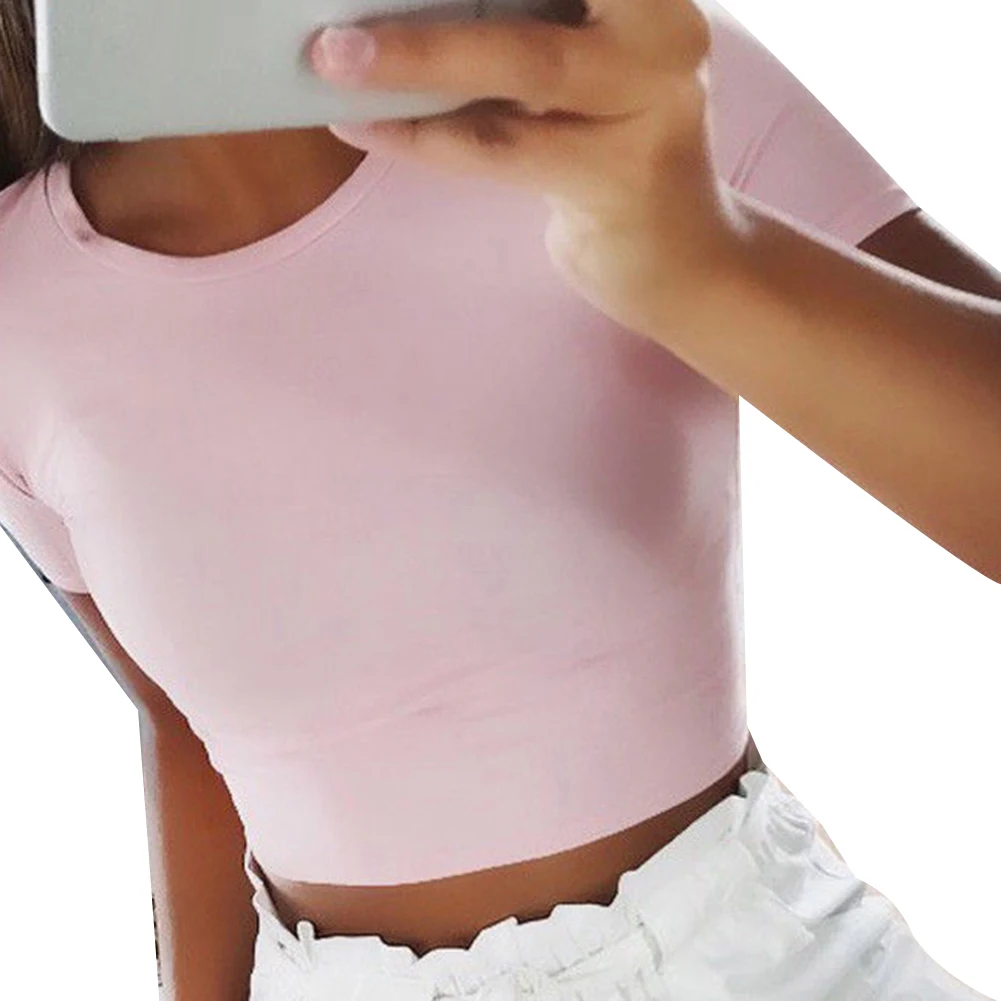 Женский пикантный однотонный топ с коротким рукавом и круглым вырезом летний