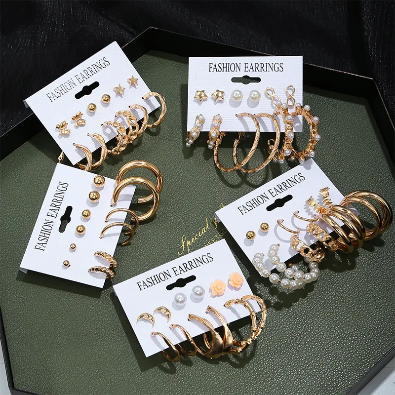 

6Pair Large Medium Small Golden Hoop Earrings Butterfly Star Round Bead Stud Earrings Jewelry Earring Set For Women