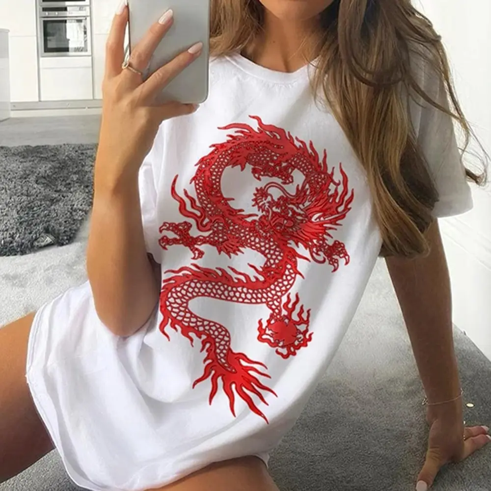 

Short Sleeve T-shirt Women Dragon Print Oversize Boyfriend Style Tops Perfect Basic Tees Render Unlined Upper Garment 4 Season
