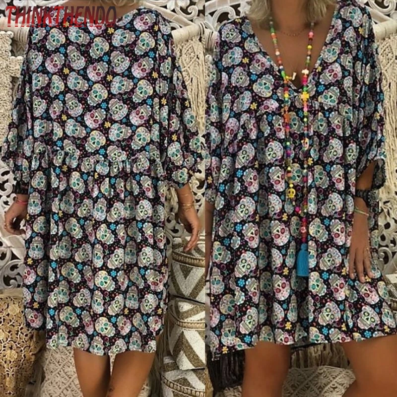 Женское платье большого размера с v образным вырезом и рукавами 3/4 свободное