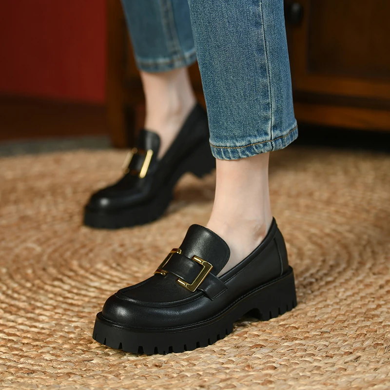 

Spring 2022 New Women Shoes Split Leather Casual Slip-On Loafers Comfortable Pumps Platform Shoes Round Toe Heels Shoes Woman