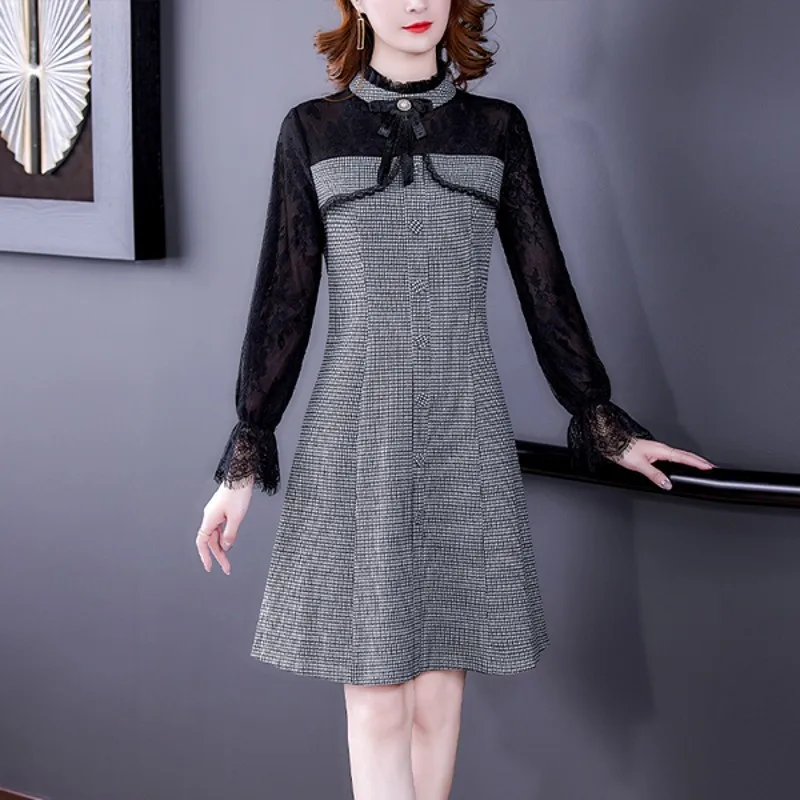 

Женское Повседневное платье в клетку, Осеннее клетчатое платье с бантом и шитьем в западном стиле, 2021