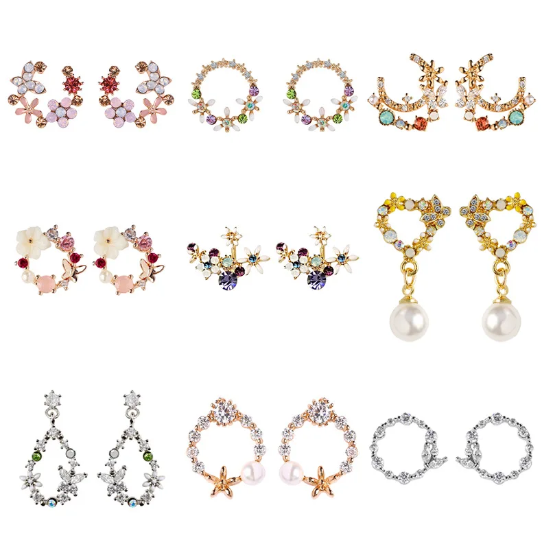 

LS S925 silver needle sweet garland ring earrings female flower fresh girl color diamond shell earrings earrings