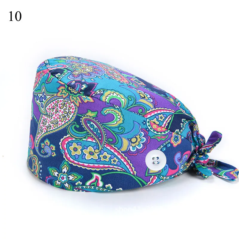 

Printing Nurse Hat For Women With Buttons Doctors Sweat-absorbent Towel Baotou Cap Surgical Cap Pure Cotton Doctor Hat Unisex