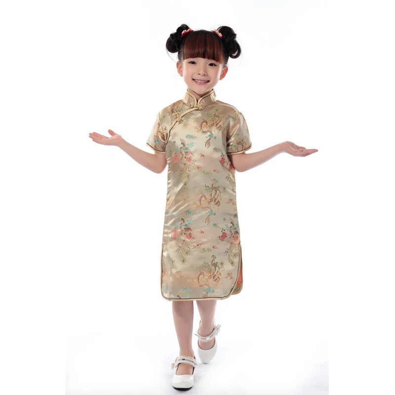 Yellow dress Детские винтажные восточные китайские традиционные костюмы для девочек с вышивкой дракона, атласные шелковые платья для девочек - Цвет: Yellow dress
