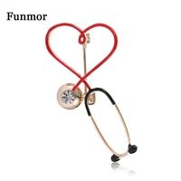 funmor lovely heart stethoscope brooch copper pin enamel crystal jewelry women doctor uniform decoration accessories work bijoux