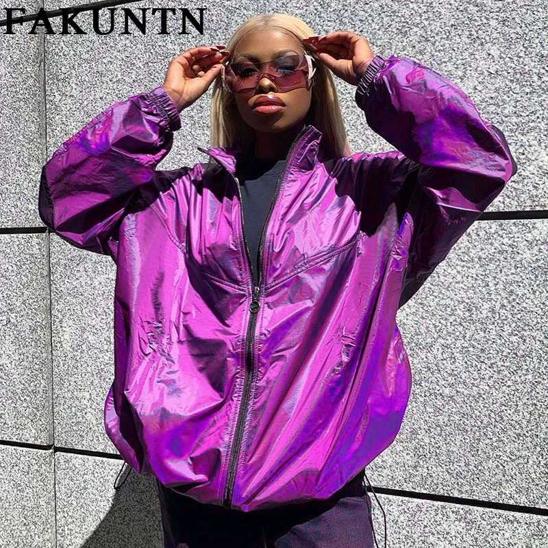 

FAKUNTN Jacket Coat Women Clothing 2021 Fashion Streetwear Purple Oversized Outwear Zipper Long Sleve Female Coat Women Jacket