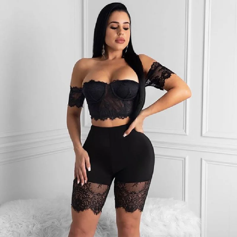 

2021women's Bodysuit One Shoulder Lace Sexy Two Piece Set