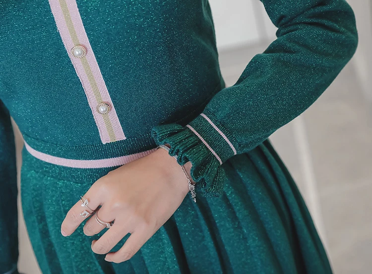 2019 Newest Autumn Women Green Knitting Pleated Long Dresses Vestidos High Quality Womans Flare Sleeve Runway Dress XL | Женская одежда