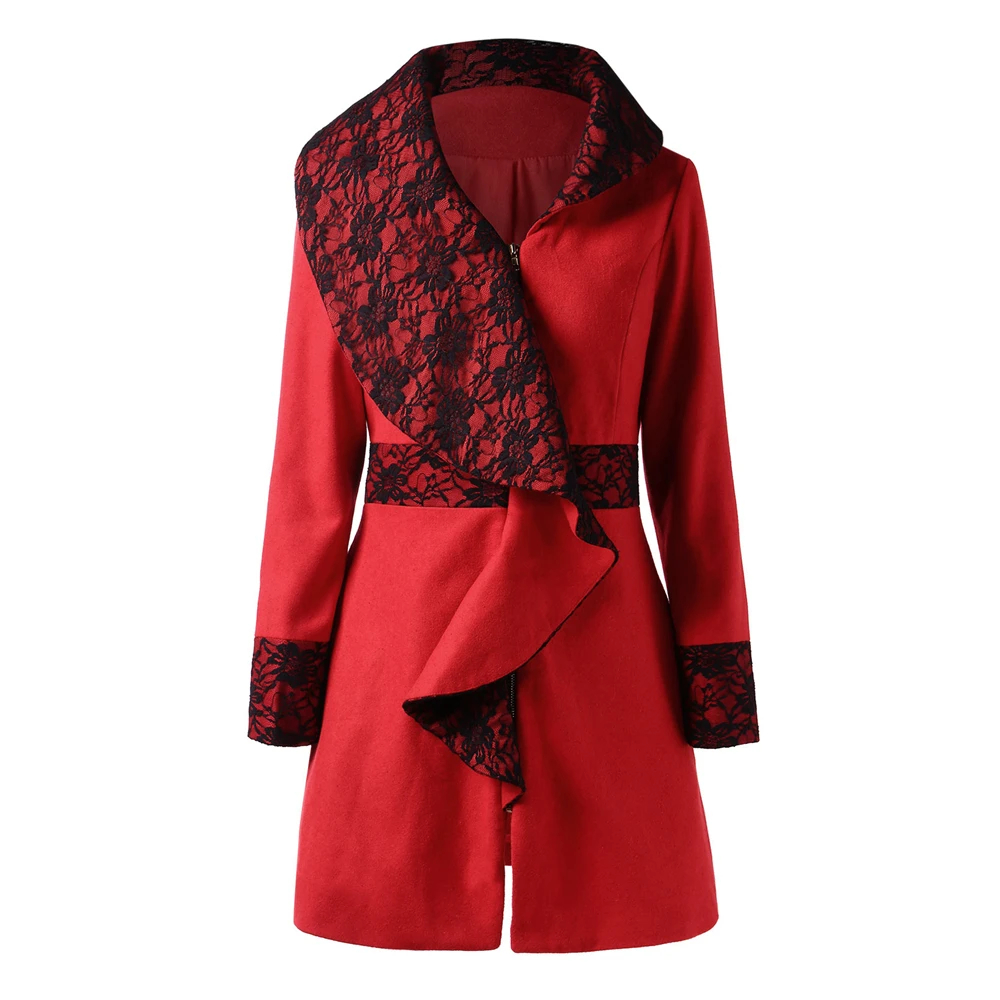

Lace Insert Cascading Ruffled Coat Joineles Autumn Winter Women Retro Coats Lapel Long Sleeves Thick Female Outwear Ladies Tops