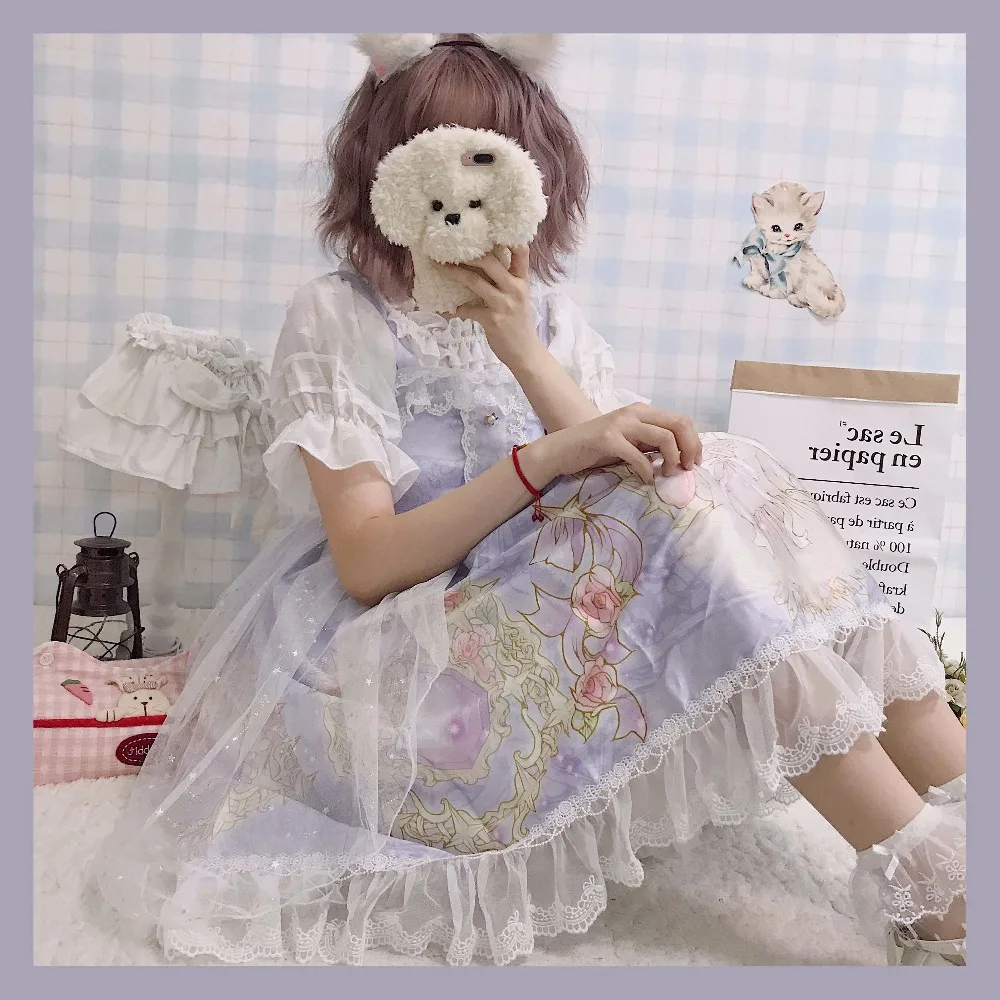 Kawaii/платье в японском стиле «Лолита»; мягкое милое красивое платье на бретелях для девочек; Сетчатое летнее платье