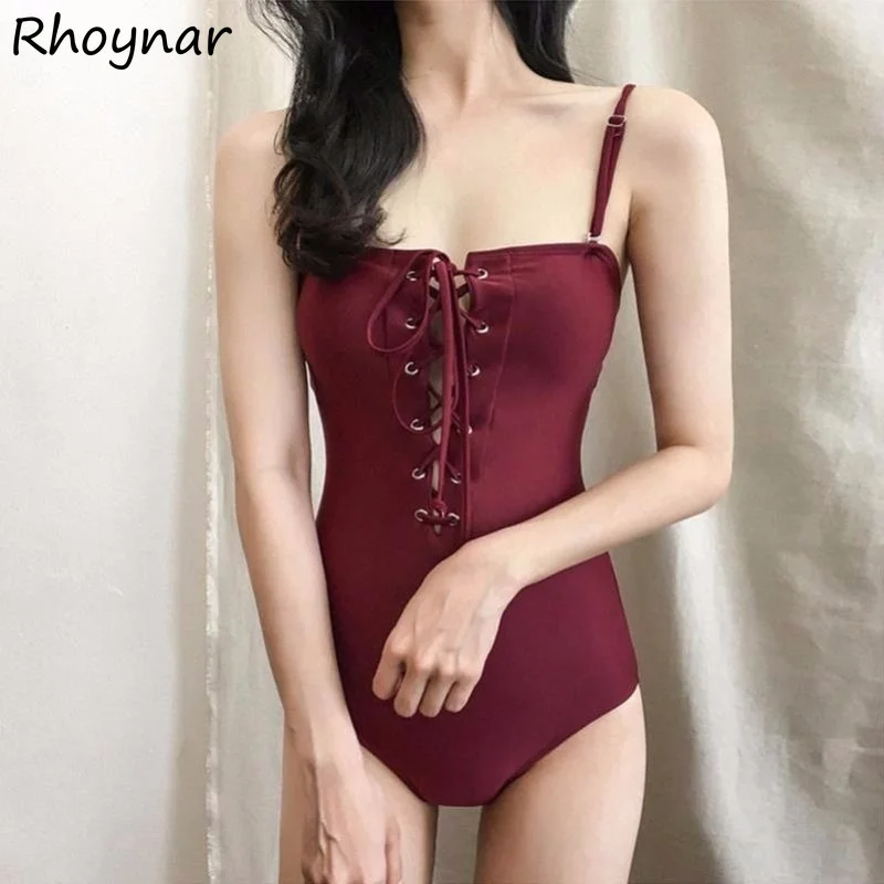 

Cover-up Women Sexy Lace Up One Piece Swimwear Female Hollow Out Bodycon Vintage Straps Summer Slim Solid Ulzzang Beachwear Ins