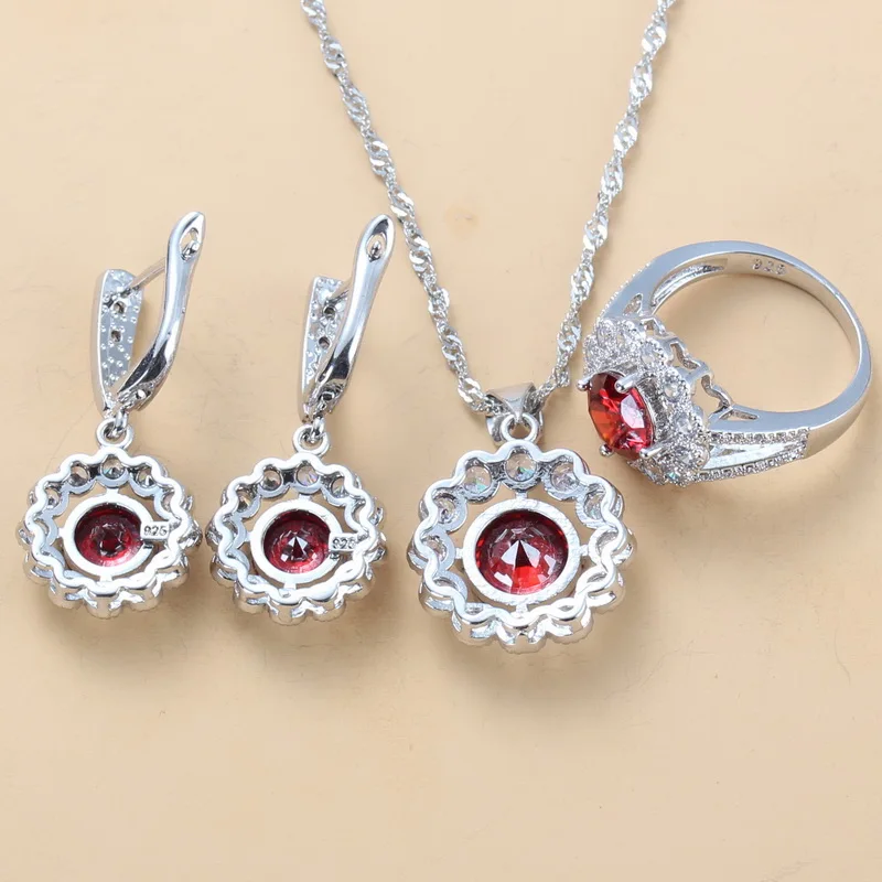 

Silver Color Bridal Costume Red Garnet CZ Wedding Jewelry Sets Dangle Earrings Necklace And Ring 9-Color Sets