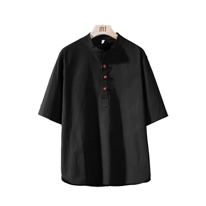 

Mens Chinese Style Shirt Tee Half Sleeve Tops Plain Loose Stand Collar Linen C2