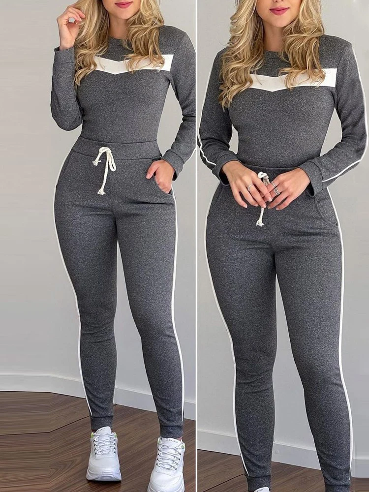 

Shein Romwe Women's Tracksuit Ensemble Femme 2 Pièces Contrast Binding Colorblock Long Sleeve Top & Drawstring Pocket Pants Set