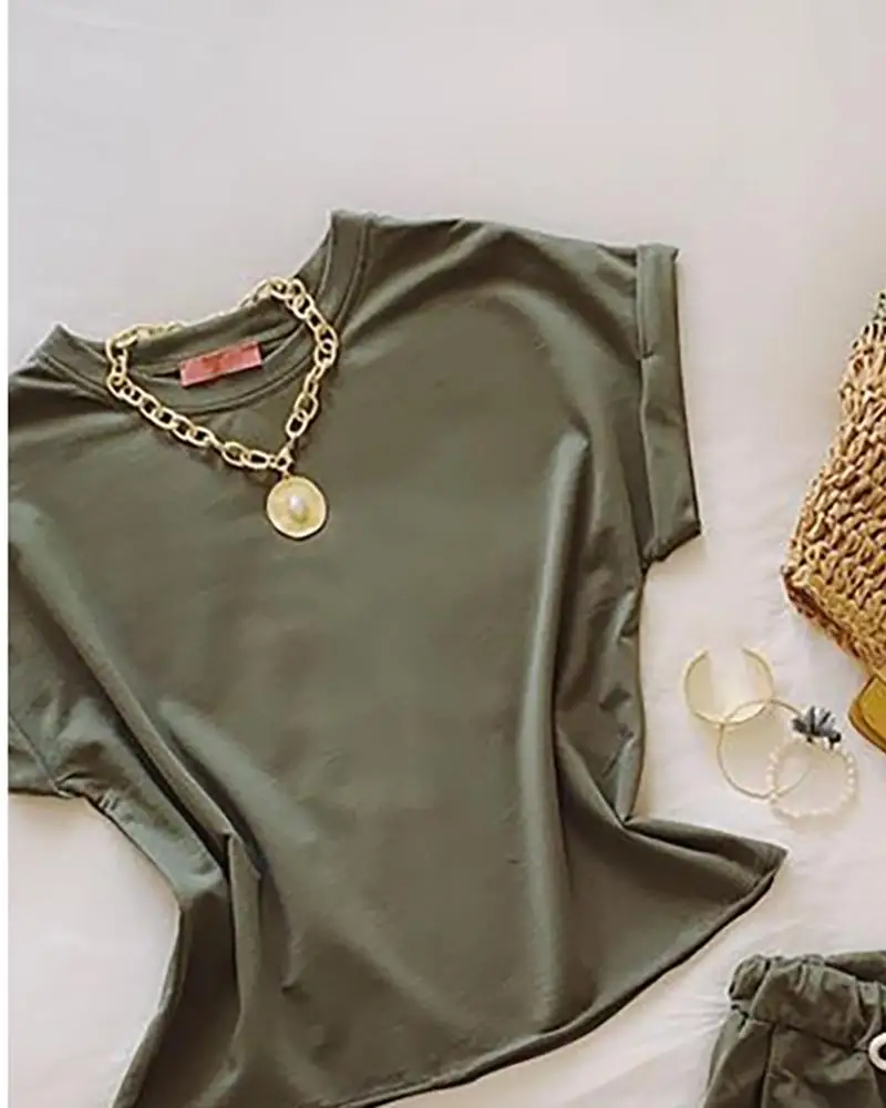 

Casual solid new women's two piece suit 2020 Summer New Elastic Waist Solid Color Leisure Clothes Set women 2 piece set O-Neck