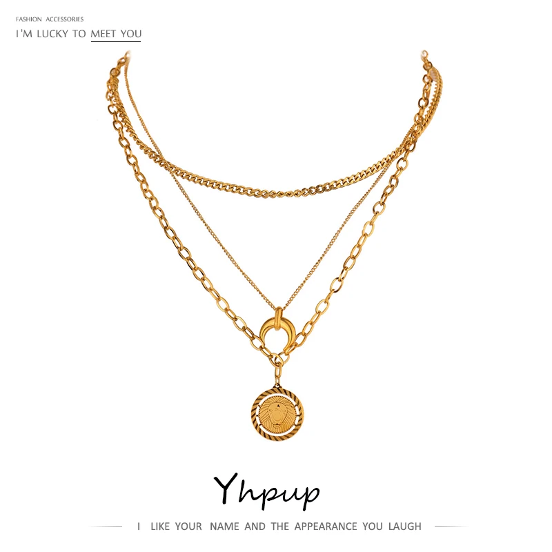 

Yhpup Statement Lion Horns Animal Pendant Necklace Fashion 18 K Metal Stainless Steel Layered Chain Trendy Choker Jewelry Gift