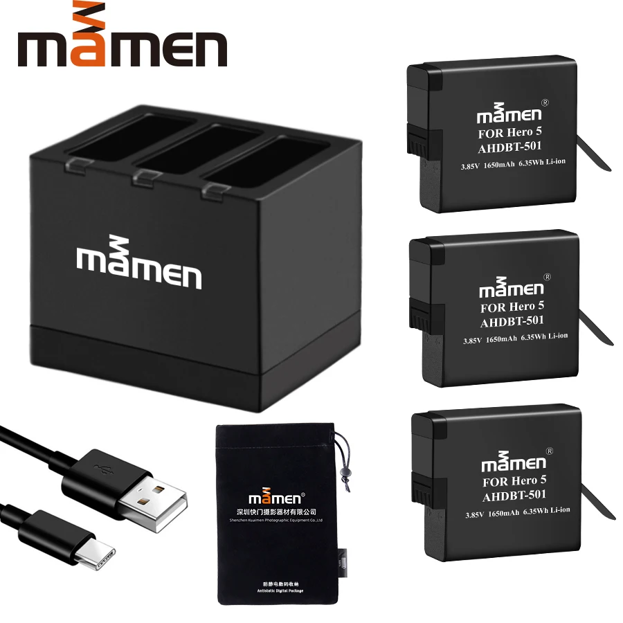 Mamen 3 шт. AHDBT 501 аккумулятор спортивный батарейный блок камеры с зарядным
