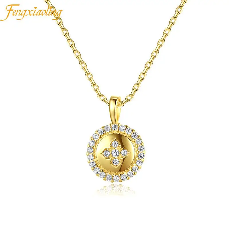 

925 Sterling Silver Mosaic Multiple Zircons Round Pendant Necklaces For Women & Girl 14k Gold Plated Birthday Gift Fine Jewelry