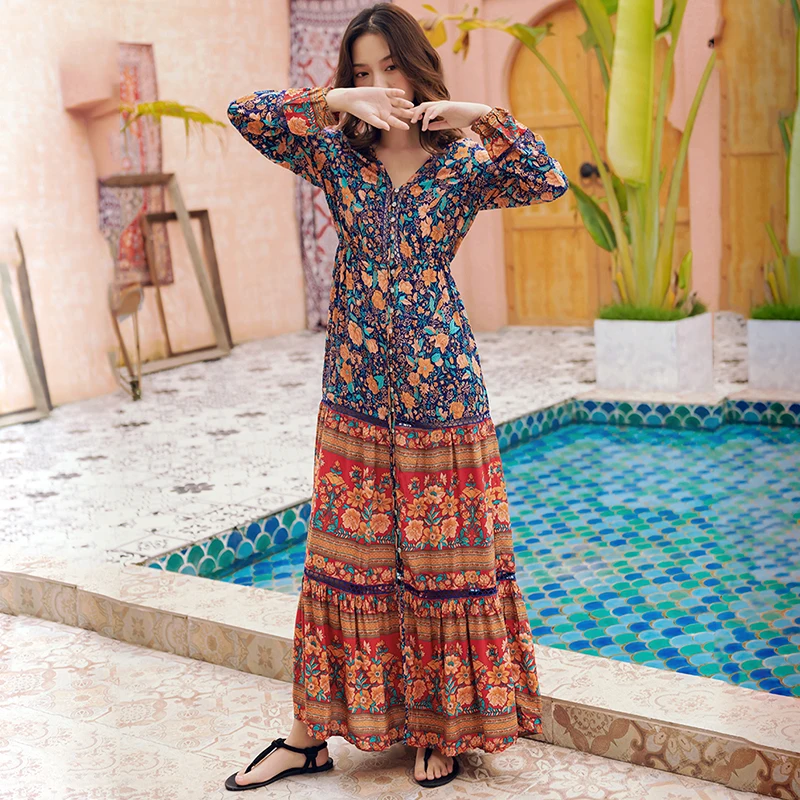 Богемное Пляжное Платье макси с цветочным принтом и поясом летнее женское платье