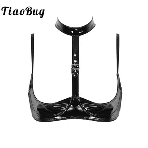 TiaoBug горячие сексуальные Для женщин с мокрым эффектом женское белье из лакированной кожи с лямкой на шее регулируемыми бретельками открытая половина чашки без косточек Эротический бюстгальтер