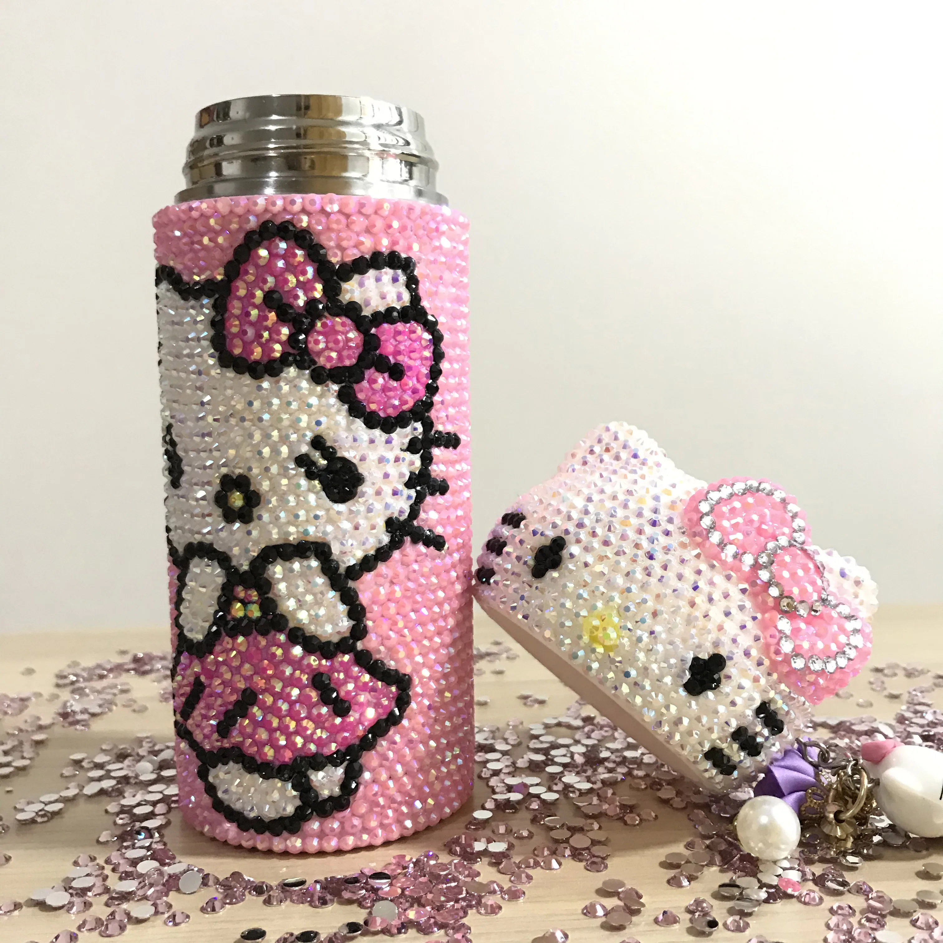 

Handmade Rhinestone Insulated Bottle Stainless Steel Travel Mug Portable Helloo Kitty Insulated Cups Pink Cat Lover Water Bottle