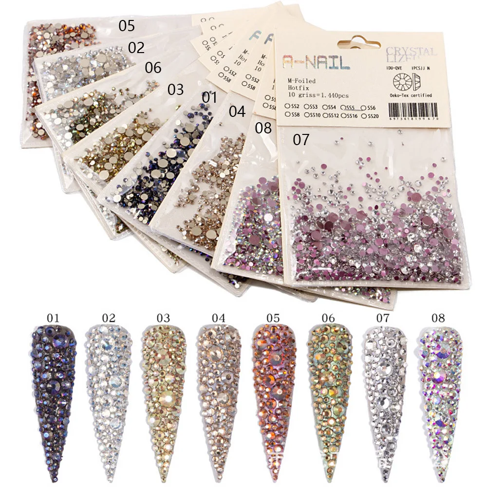 

Mix Sizes 1440PCS/Pack Crystal Non Hotfix Flatback Nails Rhinestones For Nails 3D Nail Art Decoration Gemstone