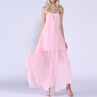 pink chiffon lace up halter summer dress women sexy backless split sleeveless a line long dresses 2020 beach party vestidos