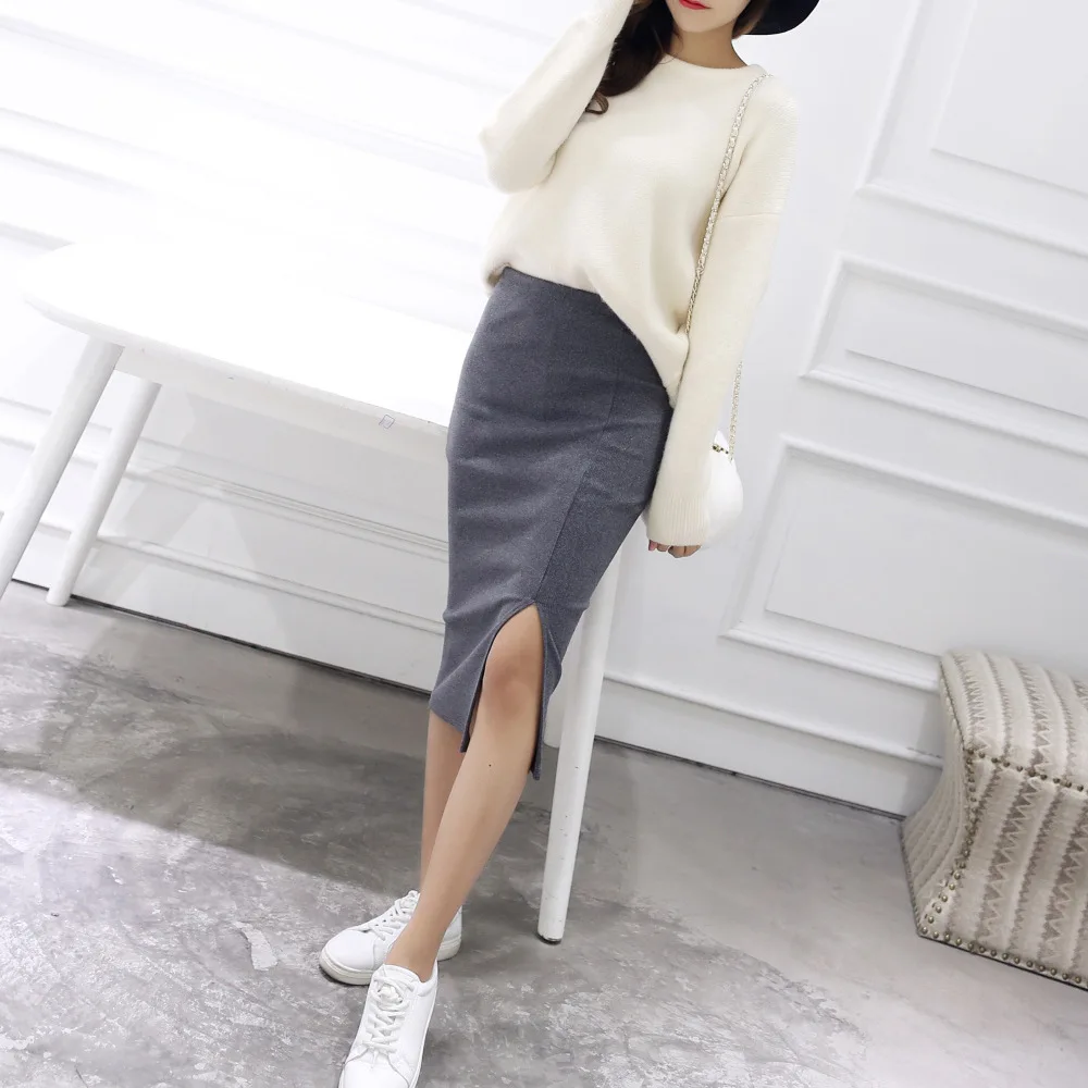 

Women's Knit Skirt Autumn Spring Bodycon Skirt Women's Elastic Split Skirt Medium Long Calfskin Slim Pencil Skirt