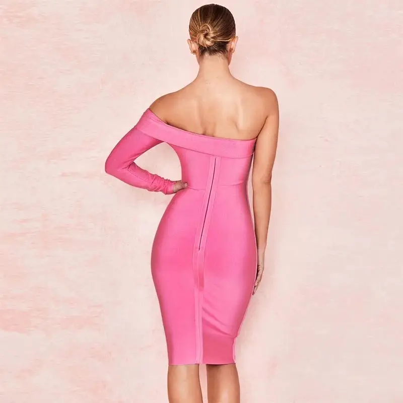 Европейское и американское модное розовое платье с одним словом длинным рукавом