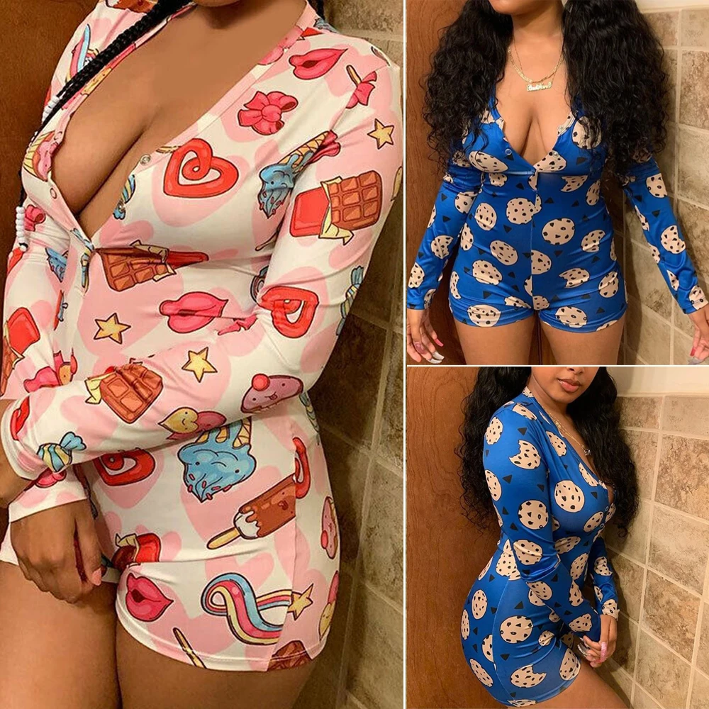 Fashion Candy Print Bodysuit Smooth Fiber Button Long Sleeve Sexy Jumpsuit Women Love Game Jumpsuits &amp Rompers | Тематическая
