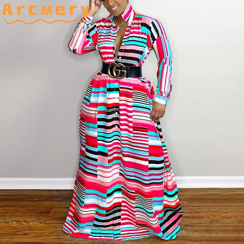 

Women Plus Size Multi Color Stripe Printed Long Sleeve Loose Shirt Dress