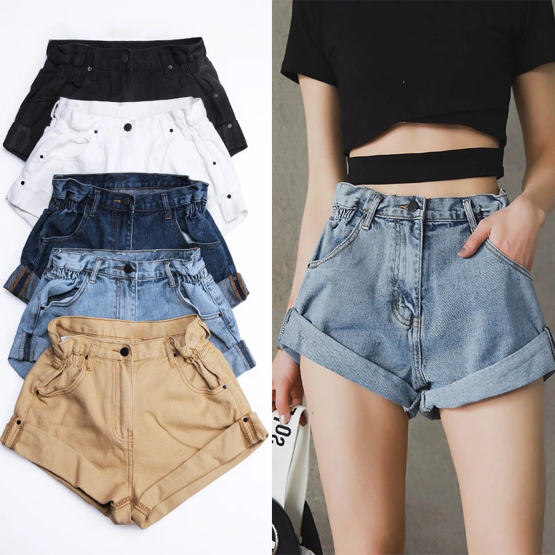 Denim Shorts Women's White Women Short Jeans Khaki Wide Leg Elastic Waist Vintage High Summer | Женская одежда