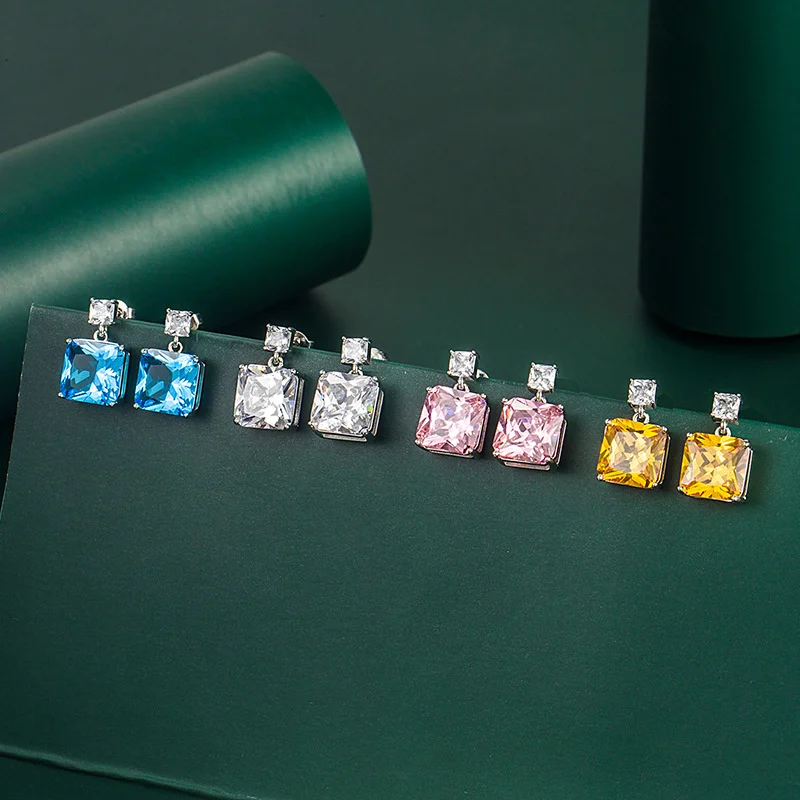 

Bella Box Square Zircon Earrings 925 Sterling Silver Luxury Geometric Multicolor Gems Wedding Engagement Fine Jewelry 10*17mm