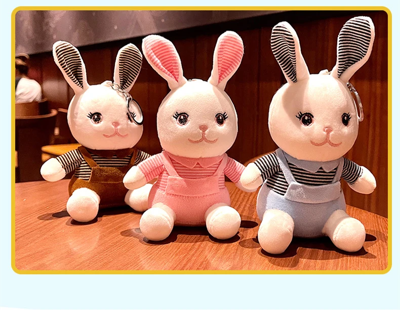 

Cute Overalls Plush Rabbit Keychain Cartoon Big Ears Pompom Doll Toys Bag Ornaments Keyring Children Holiday Gifts Accessories