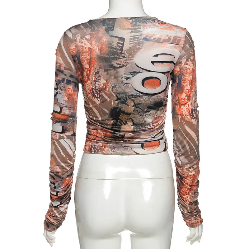 

2021 autumn and winter new women's round neck long-sleeved fashion print slim-fit T-shirt