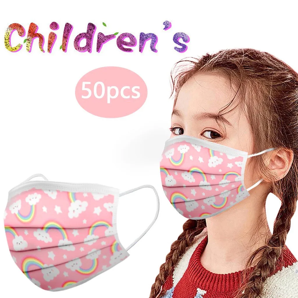 

50pc Disposable Children Fashion Face Mask Earloop Nonwoven 3ply Face Mouth Cover Maska For Kids Halloween Cosplay Face Scarf